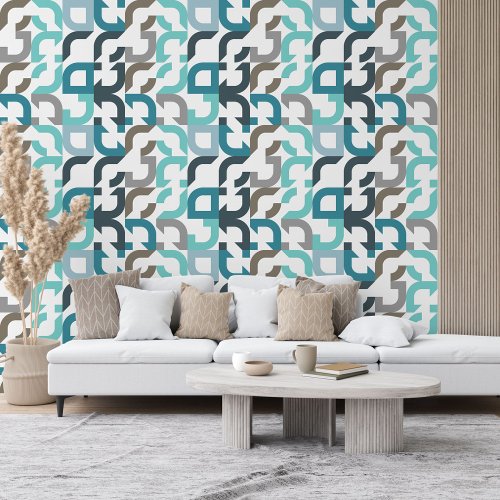 Funky Teal Blue Brown Gray Retro Art Pattern Wallpaper