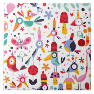 Funky Trendy Retro Birds Tile