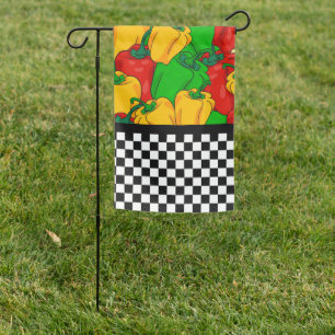 Funky Tri Colored Peppers and Checkerboard Garden Flag