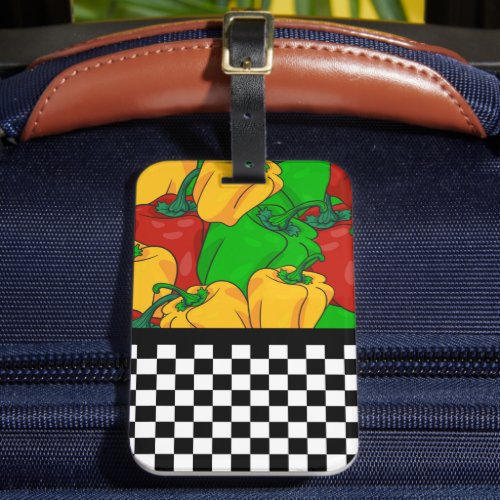 Funky Tri Colored Peppers and Checkerboard  Luggage Tag