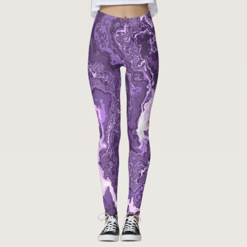 Funky Trippy Boho Hippie Monochrome Purple Marble  Leggings