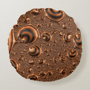 Funky Trippy Spiraling Orange Black Fractal Art Round Pillow