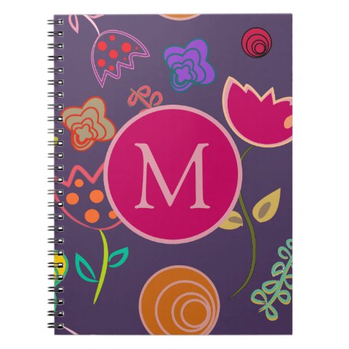 Funky Tulip Pattern Purple Monogram Notebook