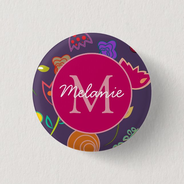 Funky Tulip Pattern Purple Monogram Personalised Button (Front)