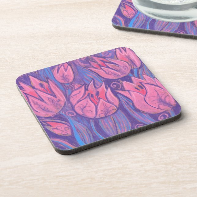 Funky Tulips Spring Flowers Floral Pastel Painting Beverage Coaster (Left Side)