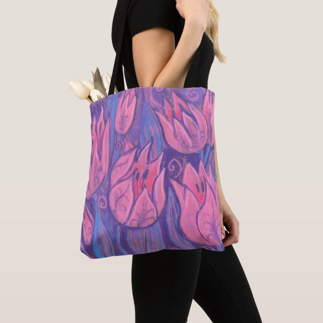 Funky Tulips Spring Flowers Floral Pastel Painting Tote Bag (Close Up)