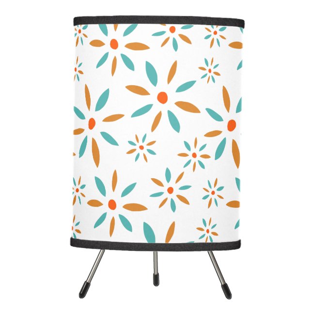 Funky Turquoise And Orange Scandi Retro Flowers Tripod Lamp (Front)