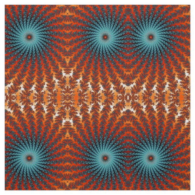Funky Turquoise And Orange Spiral Fractal Flowers Fabric (Swatch)