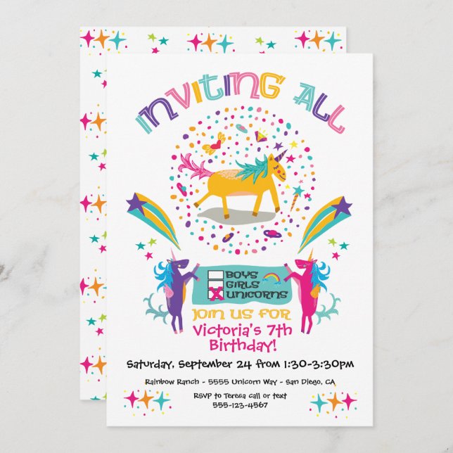 Funky Unicorn Birthday Party invitations (Front/Back)