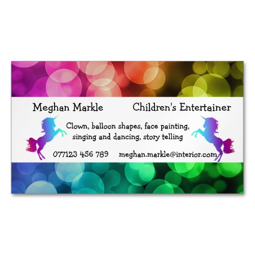Funky unicorn rainbow kids party entertainer business card magnet