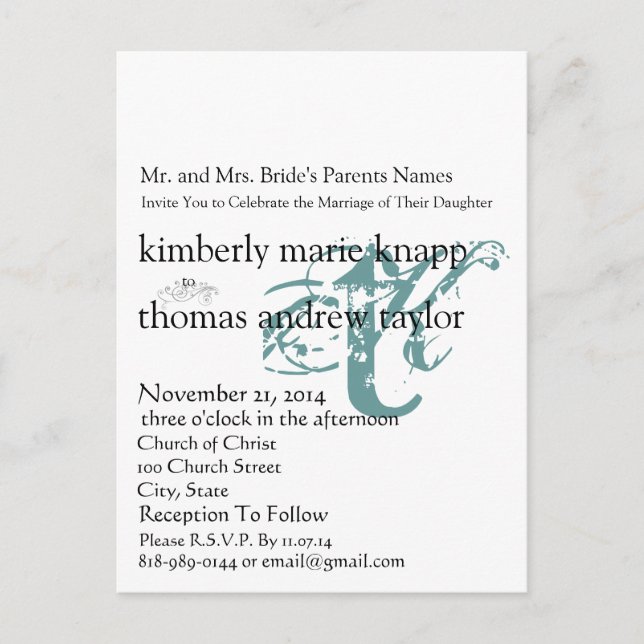 Funky UpBeat Modern Monogram  Wedding Invitation Postcard (Front)