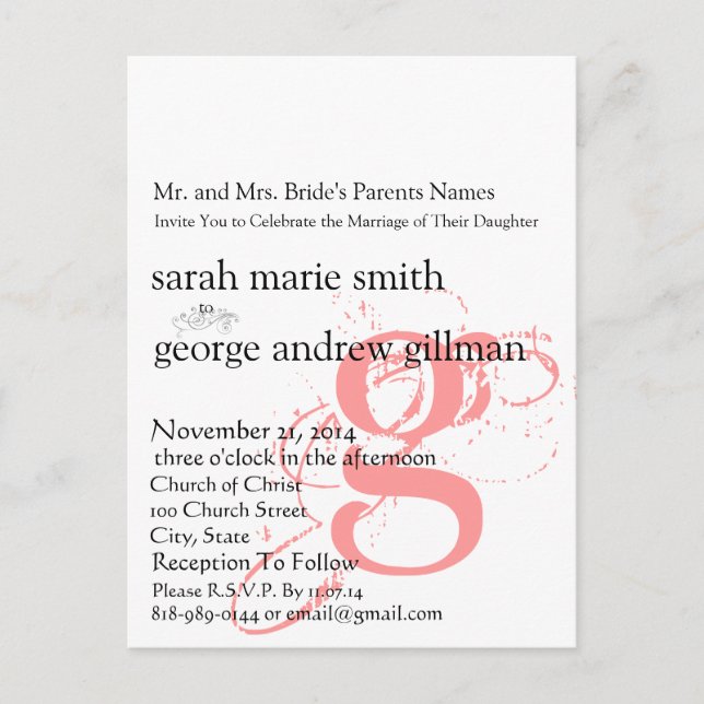 Funky UpBeat Modern Monogram  Wedding Invitation Postcard (Front)
