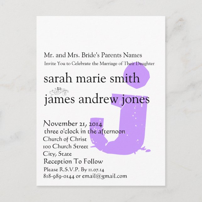 Funky UpBeat Modern Monogram  Wedding Invitation Postcard (Front)