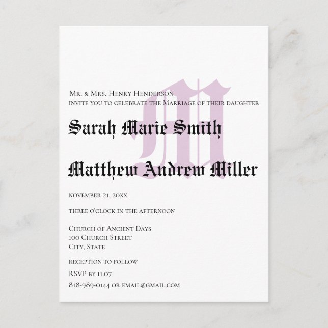 Funky UpBeat Modern Monogram Wedding Invitation Postcard (Front)