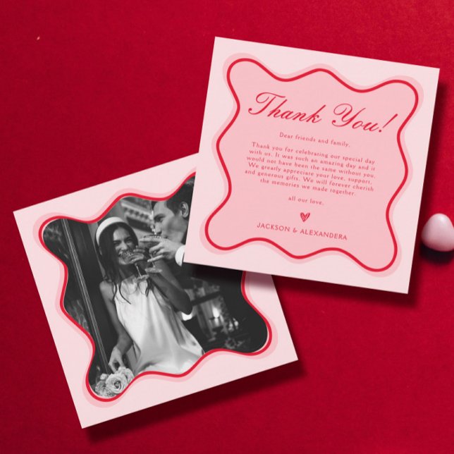 Funky Valentine Photo Red and Pink Wedding Thank You Card (Creator Uploaded)