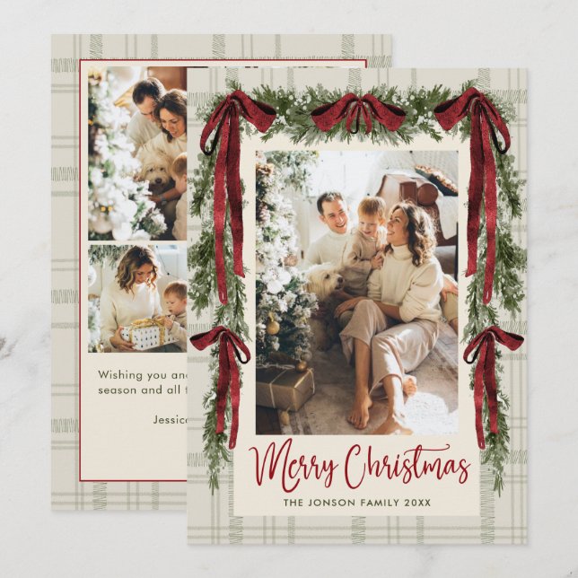 Funky Velvet Christmas Boho Red Bow 5 Photo Holiday Card (Front/Back)