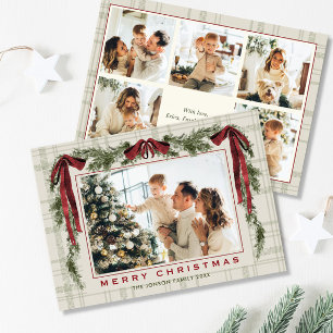 Funky Velvet Christmas Boho Red Bow 6 Photo Holiday Card