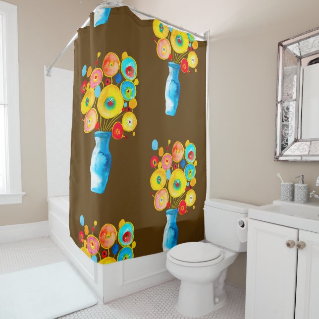 Funky vibrant flowers art illustration shower curtain (In Situ)