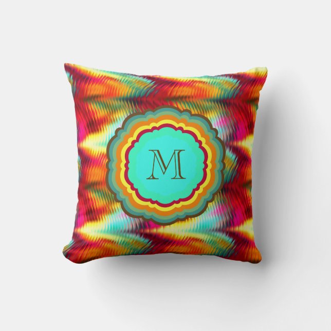 Funky, Vibrant Rainbow Monogram Throw Pillow (Front)