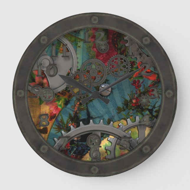 Funky Victorian Pewter Steampunk with Face Large Clock (Front)