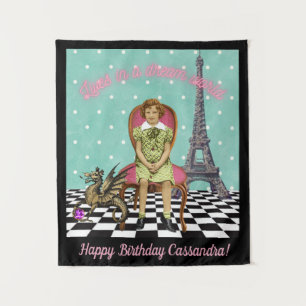 Funky Vintage Girl Customizable Birthday Tapestry