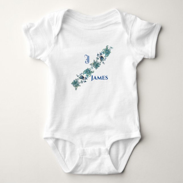 Funky Watercolor Blue Purple Flowers Monogram  Baby Bodysuit (Front)