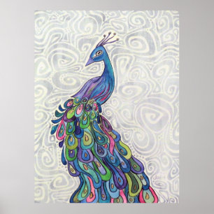 Funky Watercolor Peacock Original Art Poster