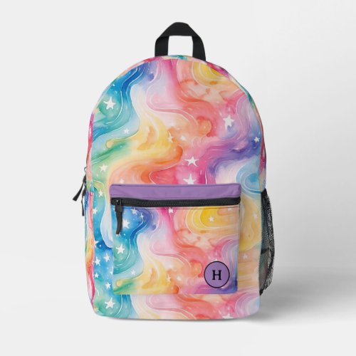 Funky Watercolor Rainbow Galaxy Monogram Printed Backpack