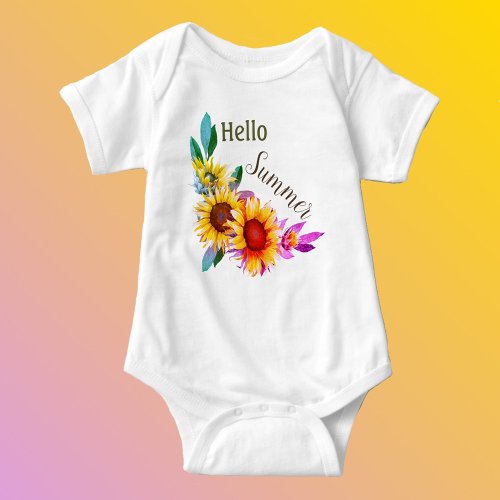 Funky Watercolor Sunflowers with Hello Summer  Baby Bodysuit