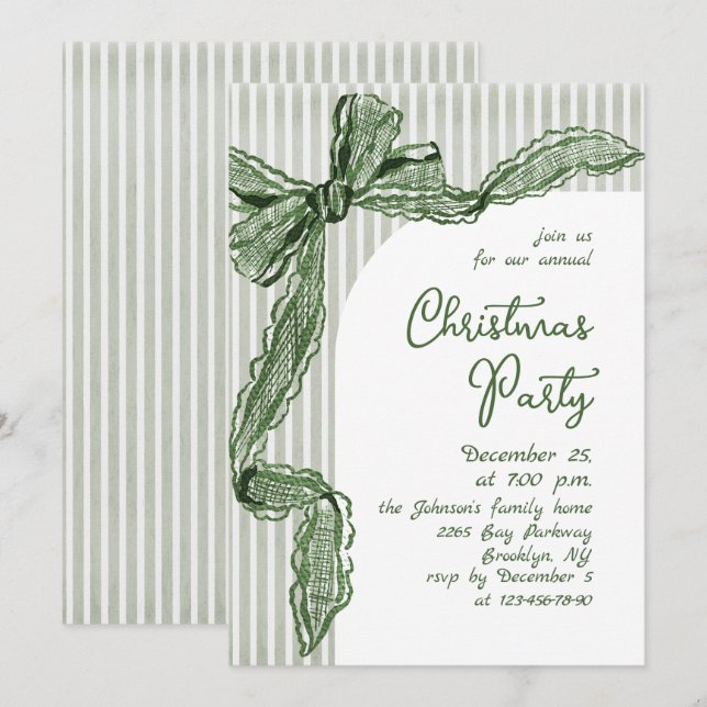 Funky Whimsical Christmas Green Bow Holiday Party Invitation (Front/Back)