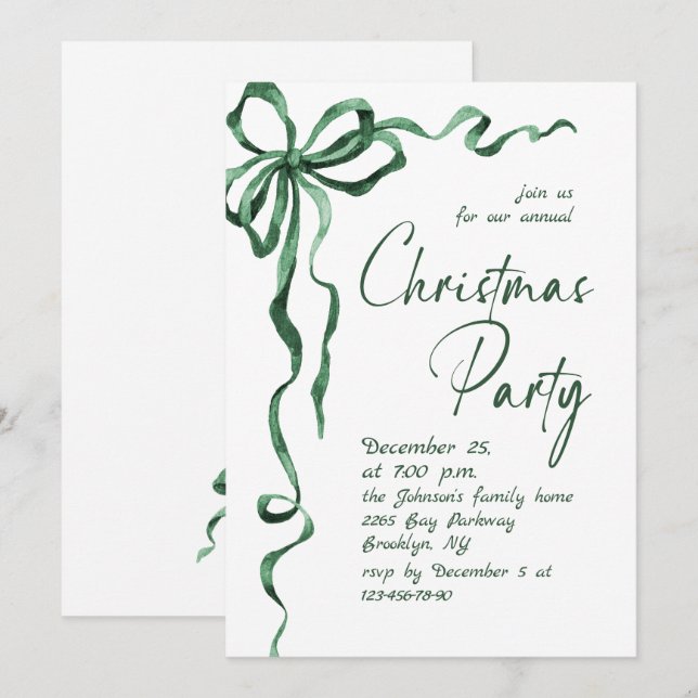 Funky Whimsical Christmas Green Bow Holiday Party Invitation (Front/Back)