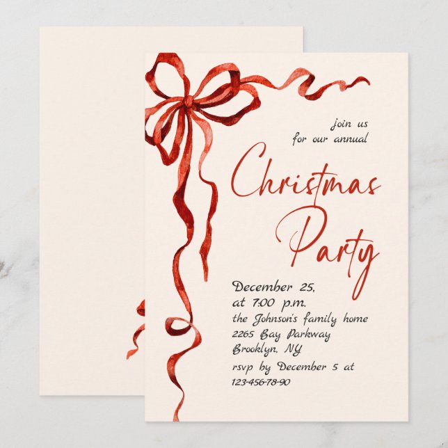 Funky Whimsical Christmas Red Bow Holiday Party Invitation (Front/Back)