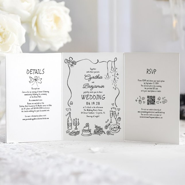 Funky Whimsical Doodles Modern Wedding Photo Tri-Fold Invitation (Hand drawn Whimsical Funky French Style Wedding Invitation)