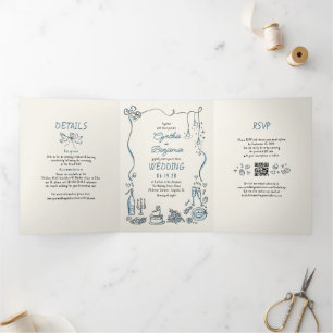 Funky Whimsical Doodles Modern Wedding Photo Tri-Fold Invitation