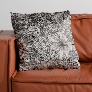 Funky Whimsical Floral Black & White Throw Pillow