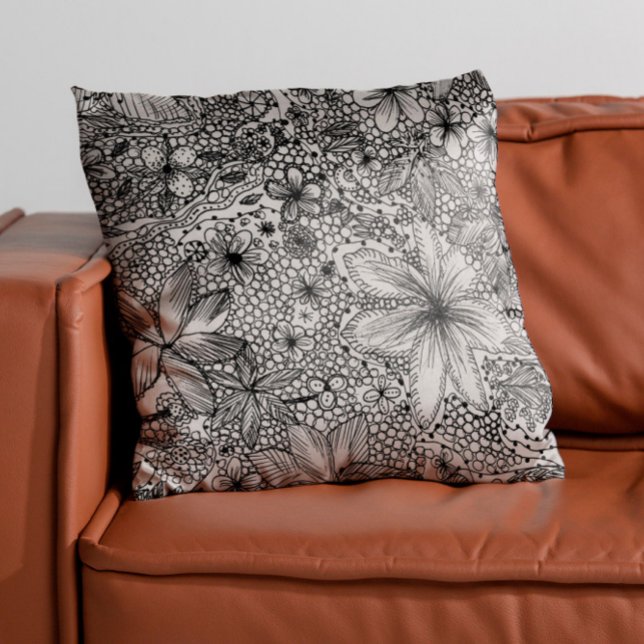 Funky Whimsical Floral Black & White Throw Pillow (Creator Uploaded)