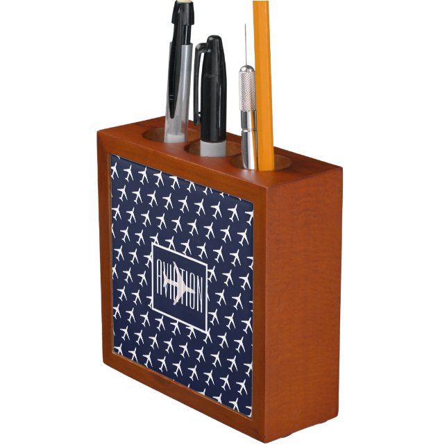 Funky White Plane Airplane Pilot Aviation Desk Organizer (In Situ)