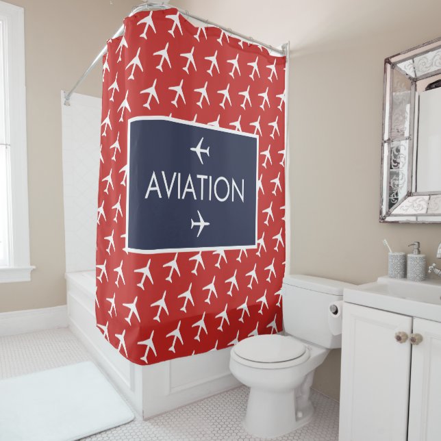 Funky White Plane Airplane Pilot Aviation Shower Curtain (In Situ)