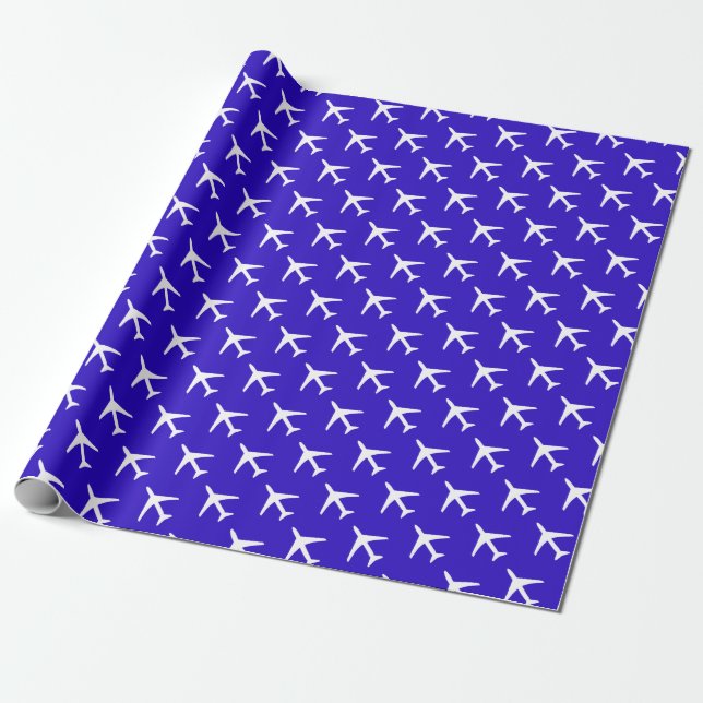 Funky White Plane Blue Background Pilot Aviation Wrapping Paper (Unrolled)