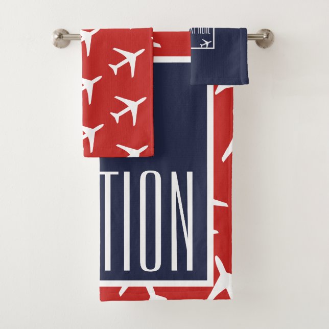 Funky White Plane Red Blue Pilot Aviation Bath Towel Set (Insitu)