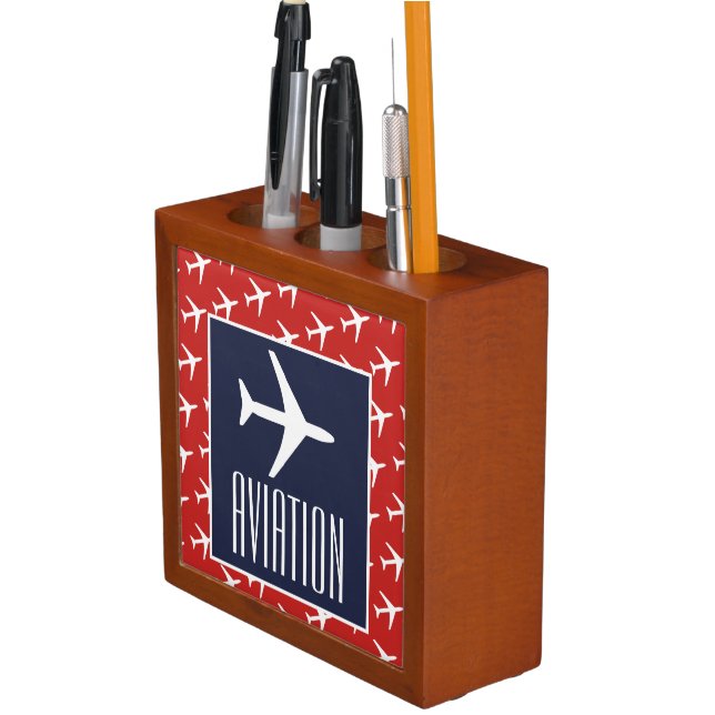 Funky White Plane Red Blue Pilot Aviation Desk Organizer (In Situ)