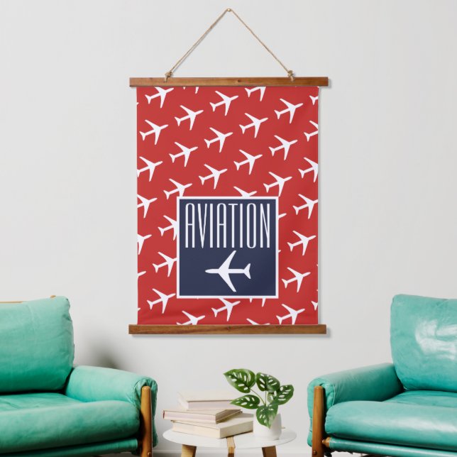 Funky White Plane Red Blue Pilot Aviation Hanging Tapestry (Living Room)
