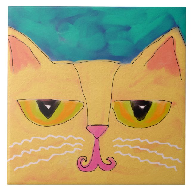 Funky Yellow Cat Abstract Painting Ceramic Tile (Front)