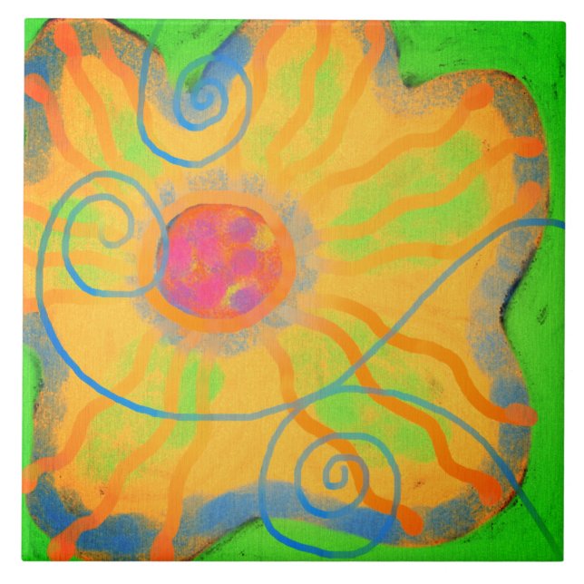 Funky Yellow Flower Abstract Painting Ceramic Tile (Front)