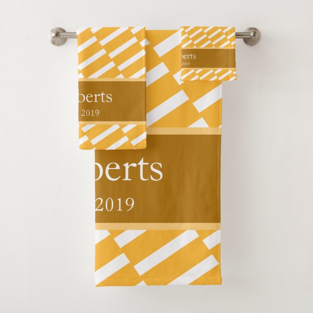 Funky Yellow Pattern Family Name and Year Modern Bath Towel Set (Insitu)