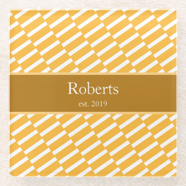 Funky Yellow Pattern Family Name and Year Modern Glass Coaster (Front)