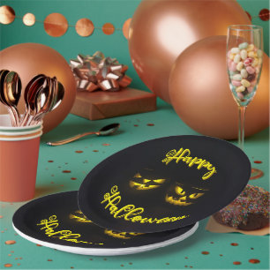 Funky yellows Happy Halloween text & pumpkin face Paper Plates