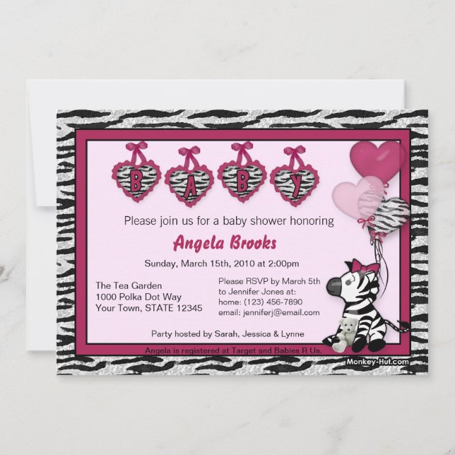 Funky Zebra Baby Shower Invitation Adorable PINK (Front)