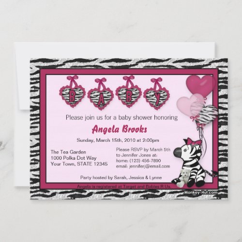 Funky Zebra Baby Shower Invitation Adorable PINK