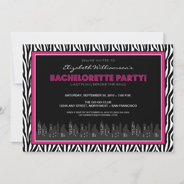 Funky Zebra Bachelorette Party Invitation (pink) (Front)